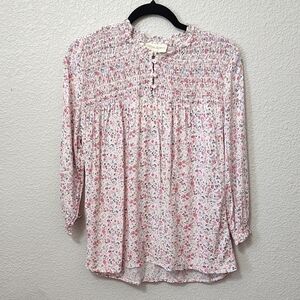 NWT Cynthia Rowley Pink White Floral Smocked Blouse Long Sleeve Flowy Blouse